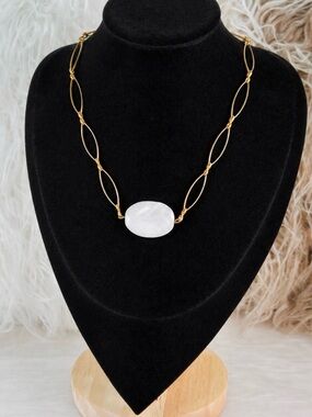 Gorgeous, white polished stone, brass tone, chain vintage, custom necklace